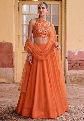 Orange Embroidered Silk Blend Lehenga Set