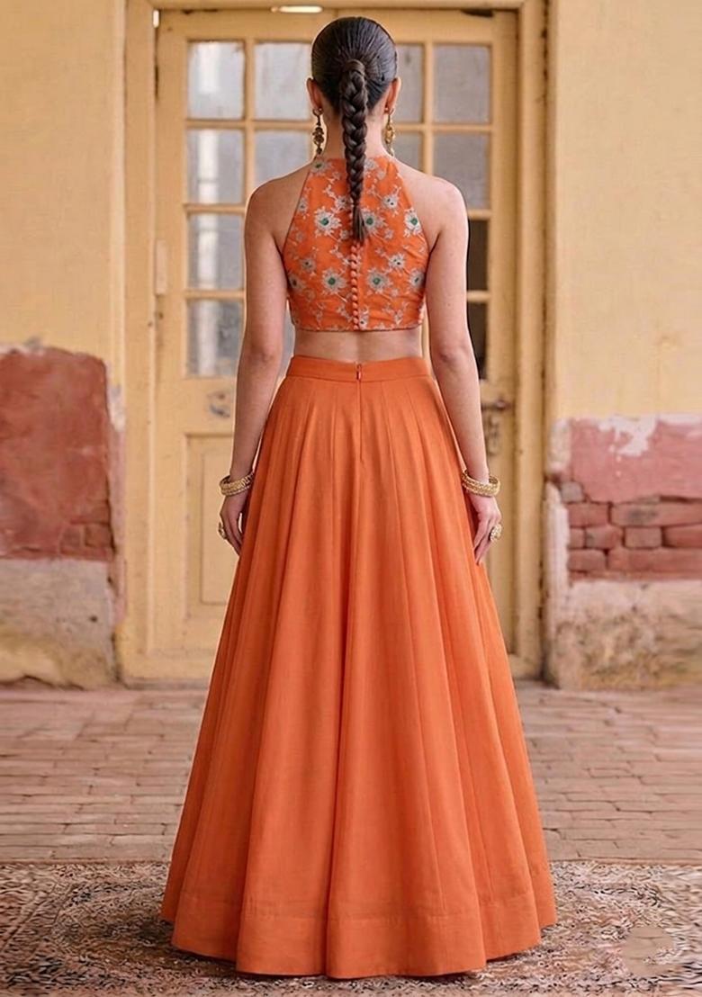 Orange Embroidered Silk Blend Lehenga Set - Indya