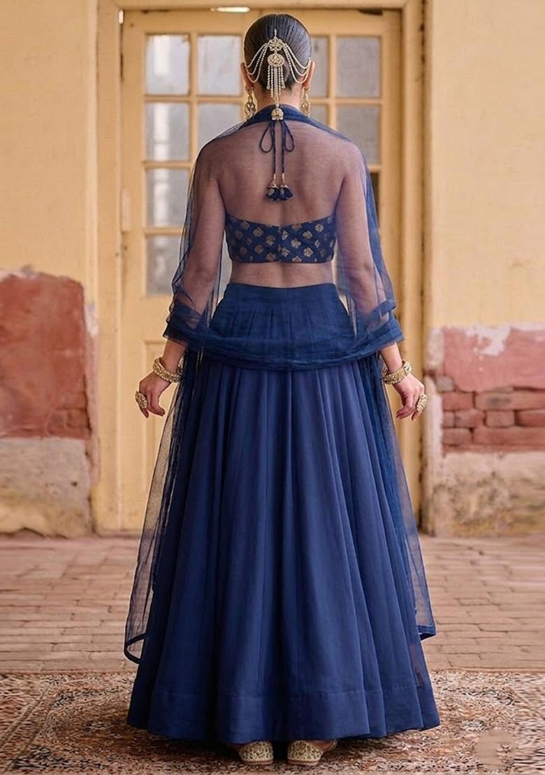 Navy Blue Zari Brocade Lehenga Set - Indya