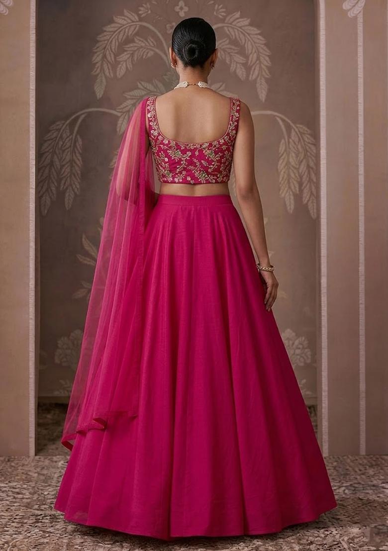 Magenta Pink Embroidered Crepe Lehenga Set - Indya
