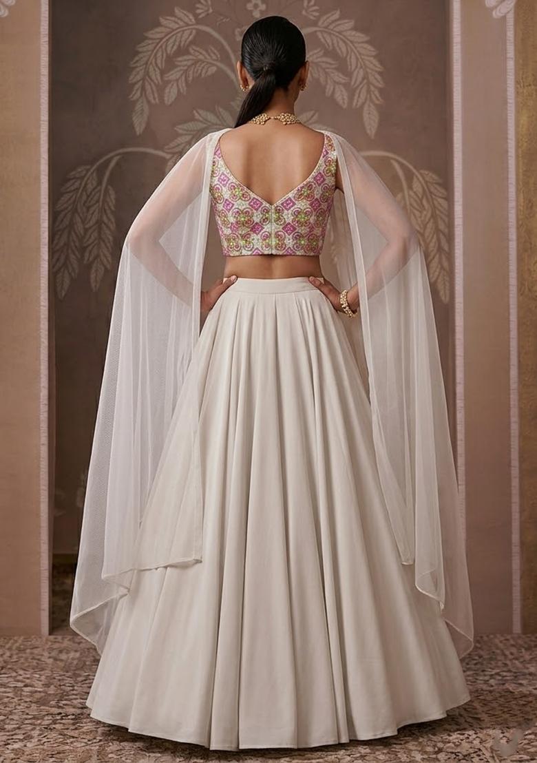 Off-White Printed Crepe Lehenga Set - Indya