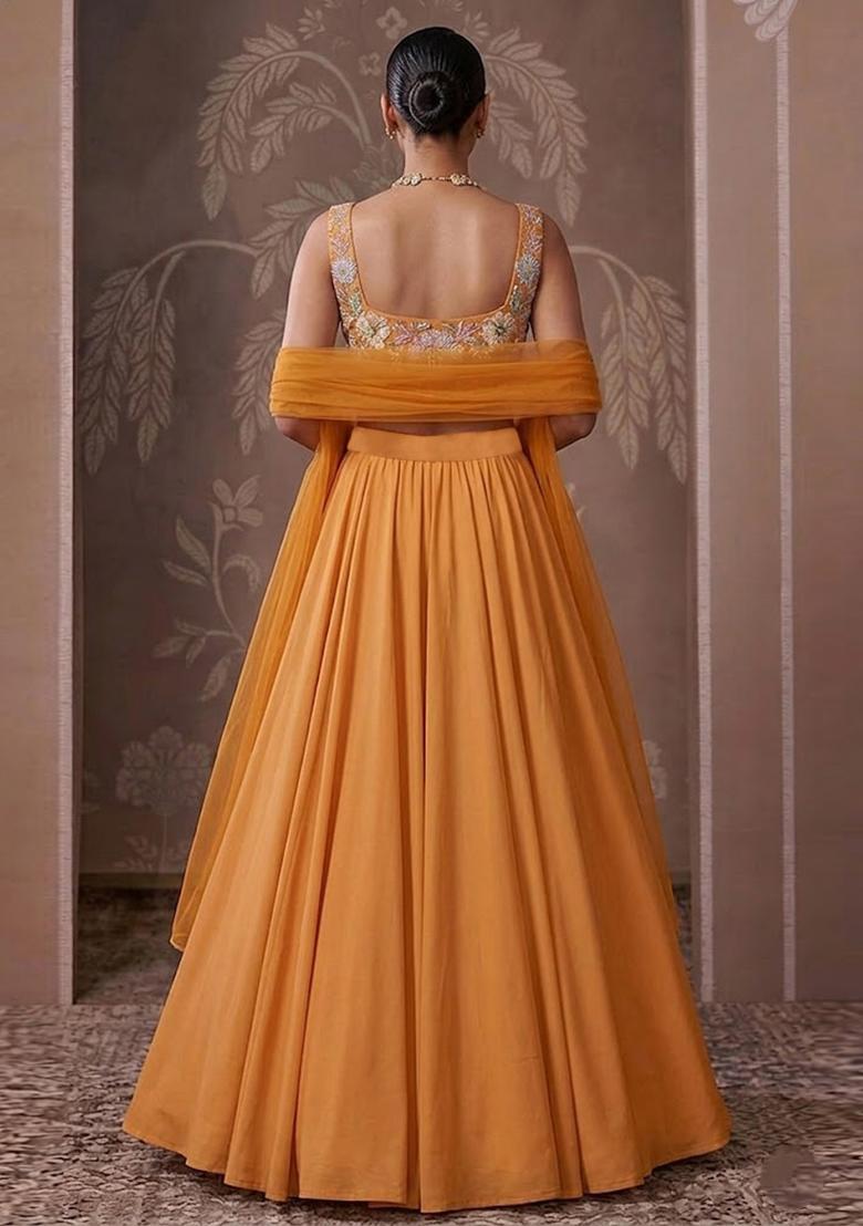 Orange Embroidered Organza Lehenga Set - Indya