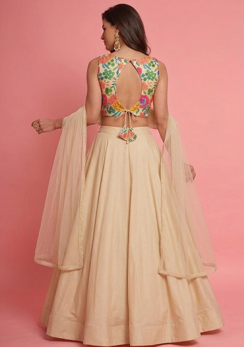 Cream Printed Silk Blend Lehenga Set - Indya