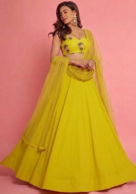 Mustard Yellow Embroidered Chanderi Lehenga Set