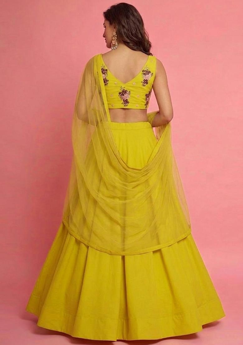 Mustard Yellow Embroidered Chanderi Lehenga Set - Indya