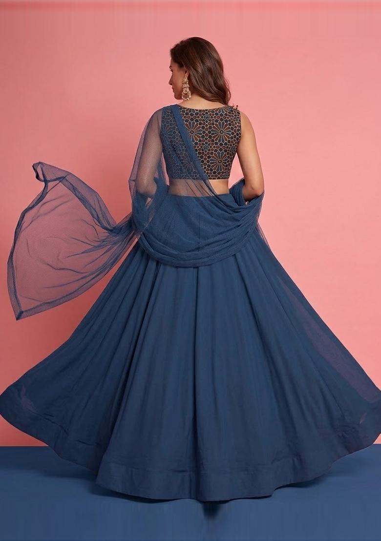 Steel Blue Printed Satin Lehenga Set - Indya