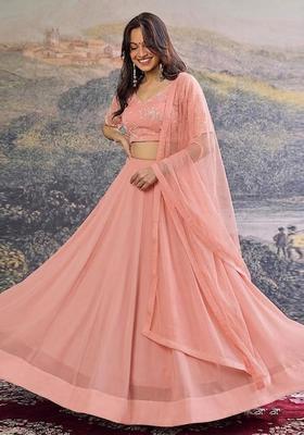 Coral Pink Embroidered Chanderi Lehenga Set