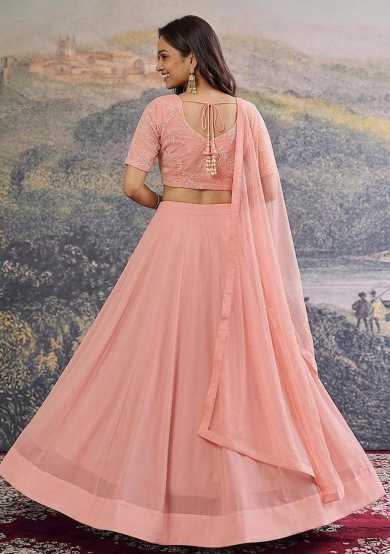 Coral Pink Embroidered Chanderi Lehenga Set - Indya