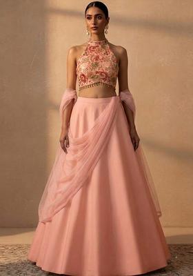 Peach Printed Silk Blend Lehenga Set