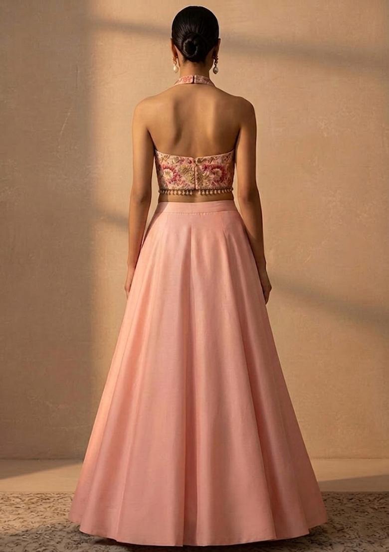 Peach Printed Silk Blend Lehenga Set - Indya