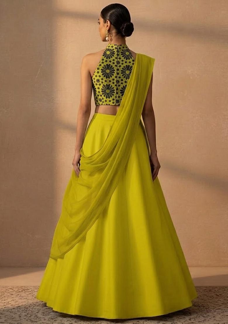 Lime Green Printed Satin Lehenga Set - Indya