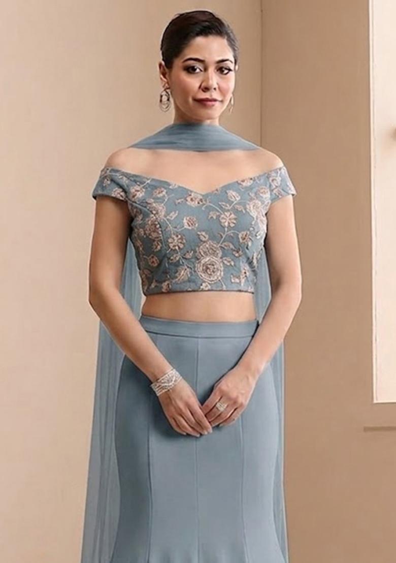 Steel Blue Embroidered Chanderi Lehenga Set - Indya