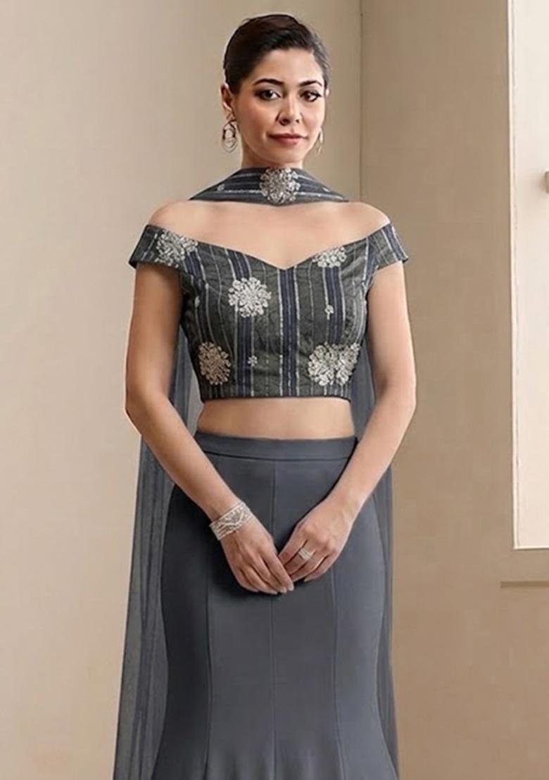 Charcoal Grey Tissue Lehenga Set - Indya