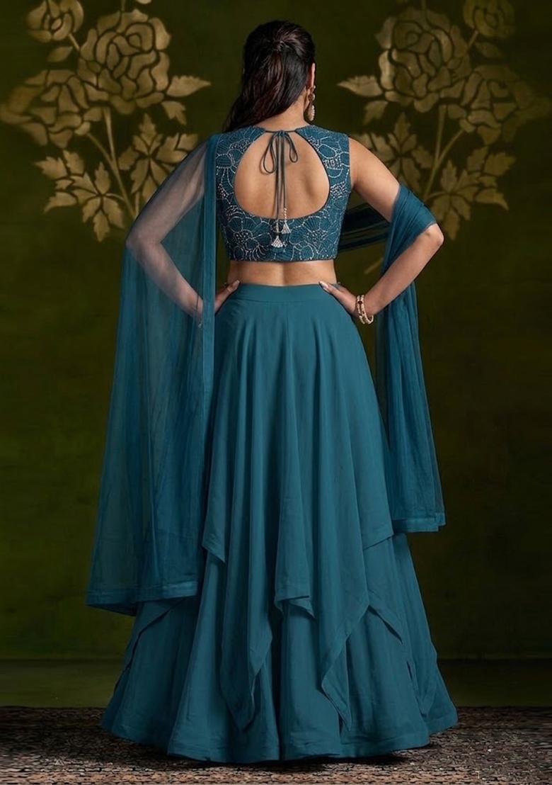 Teal Blue Mirror Viscose Lehenga Set - Indya