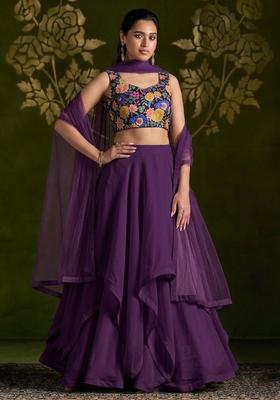 Deep Plum Printed Silk Blend Lehenga Set