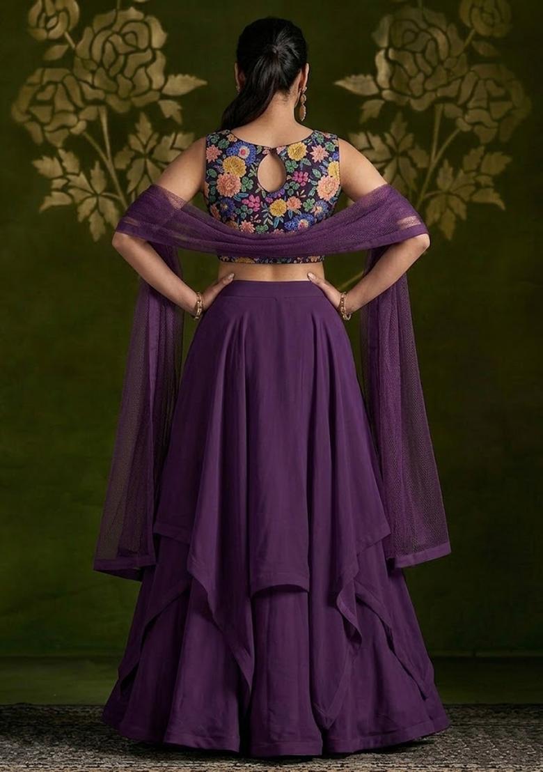 Deep Plum Printed Silk Blend Lehenga Set - Indya
