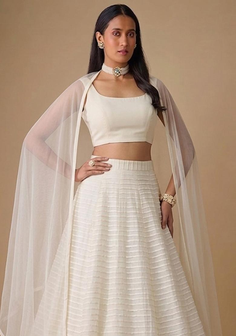 White Embroidered Chanderi Lehenga Set - Indya