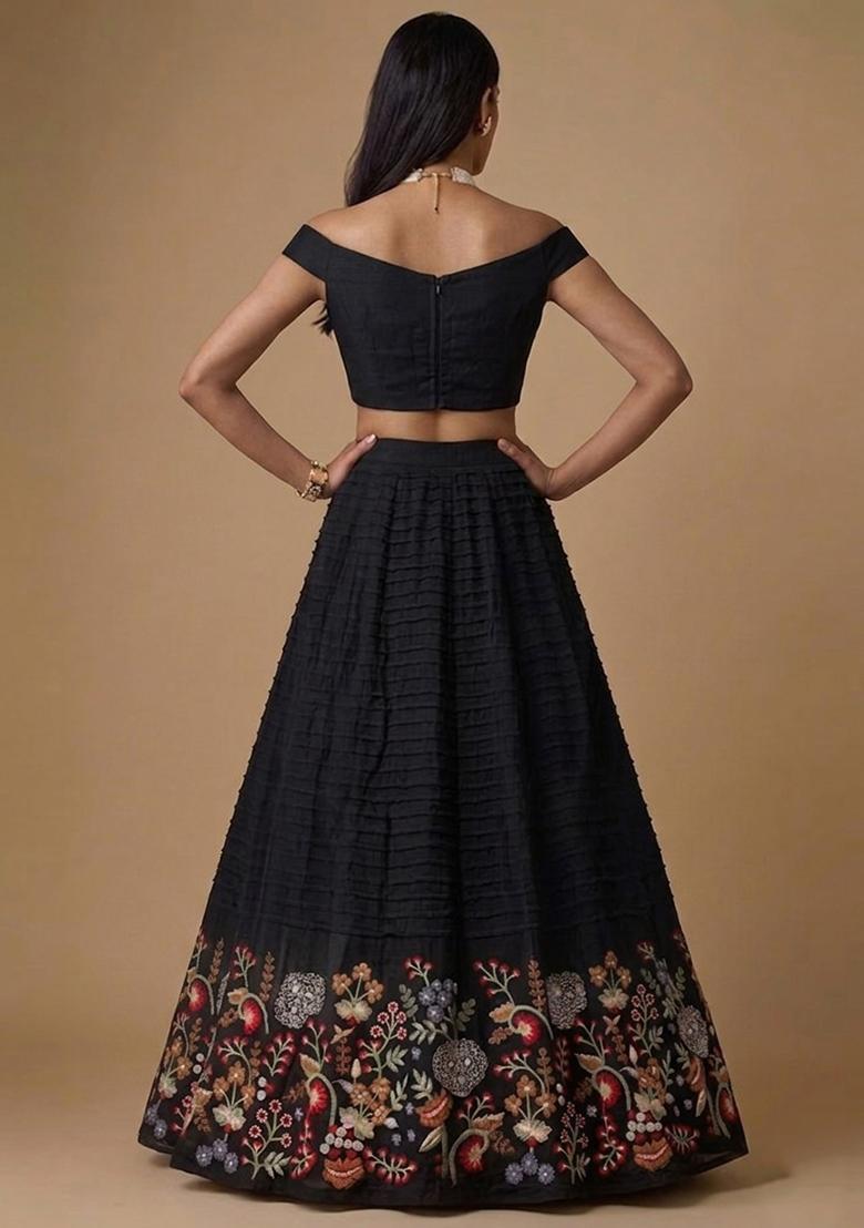 Black Embroidered Chanderi Lehenga Set - Indya