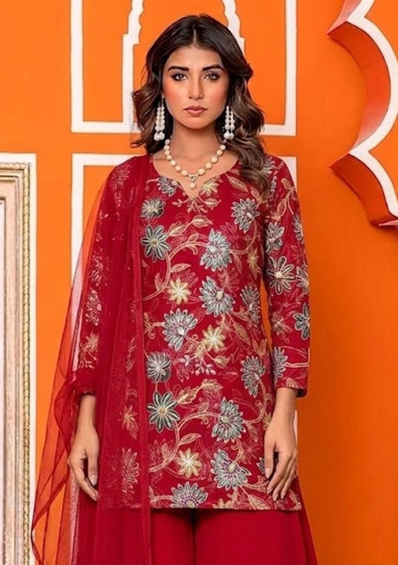 Crimson Sequin Organza Sharara Set - Indya