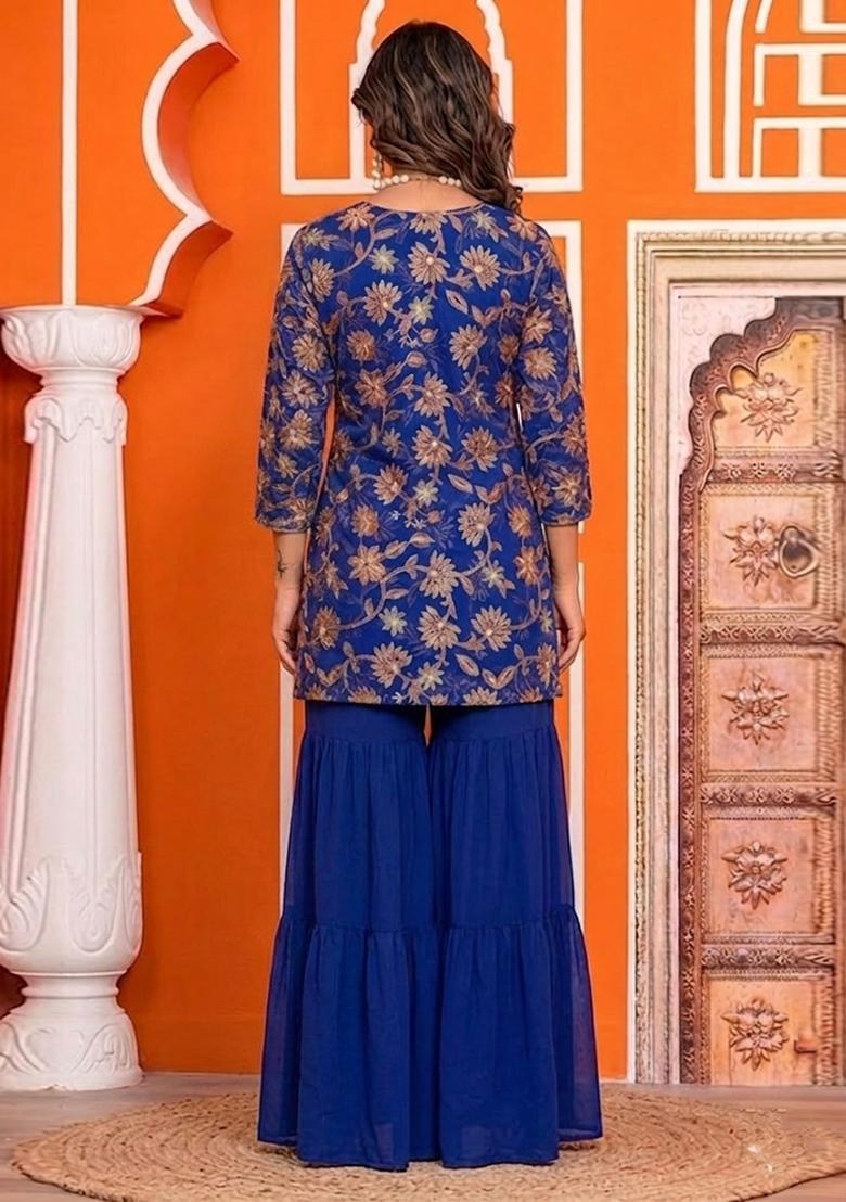 Royal Blue Sequin Organza Sharara Set - Indya