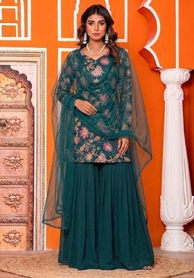 Green Sequin Organza Sharara Set