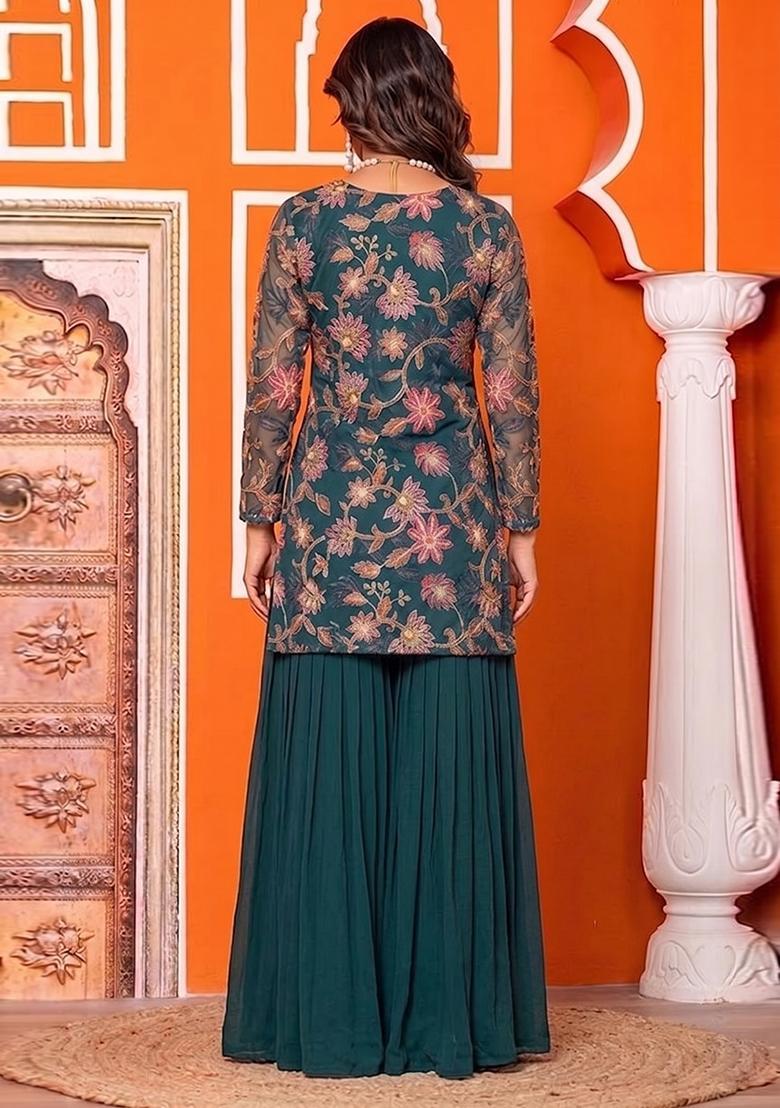 Green Sequin Organza Sharara Set - Indya