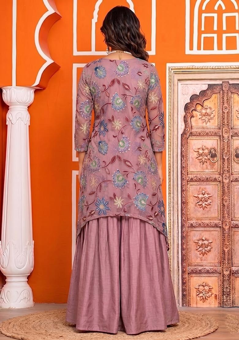 Mauve Sequin Organza Sharara Set - Indya