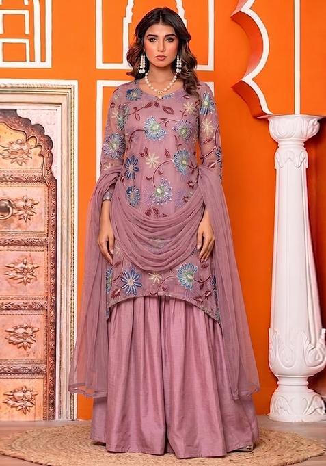 Mauve Sequin Organza Sharara Set