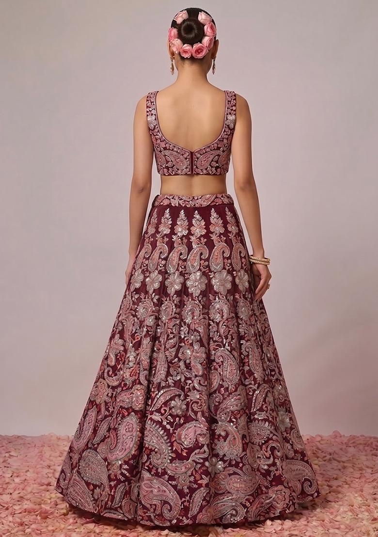 Wine Purple Printed Crepe Lehenga Set - Indya