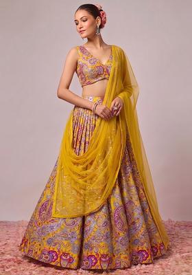 Yellow Printed Crepe Lehenga Set