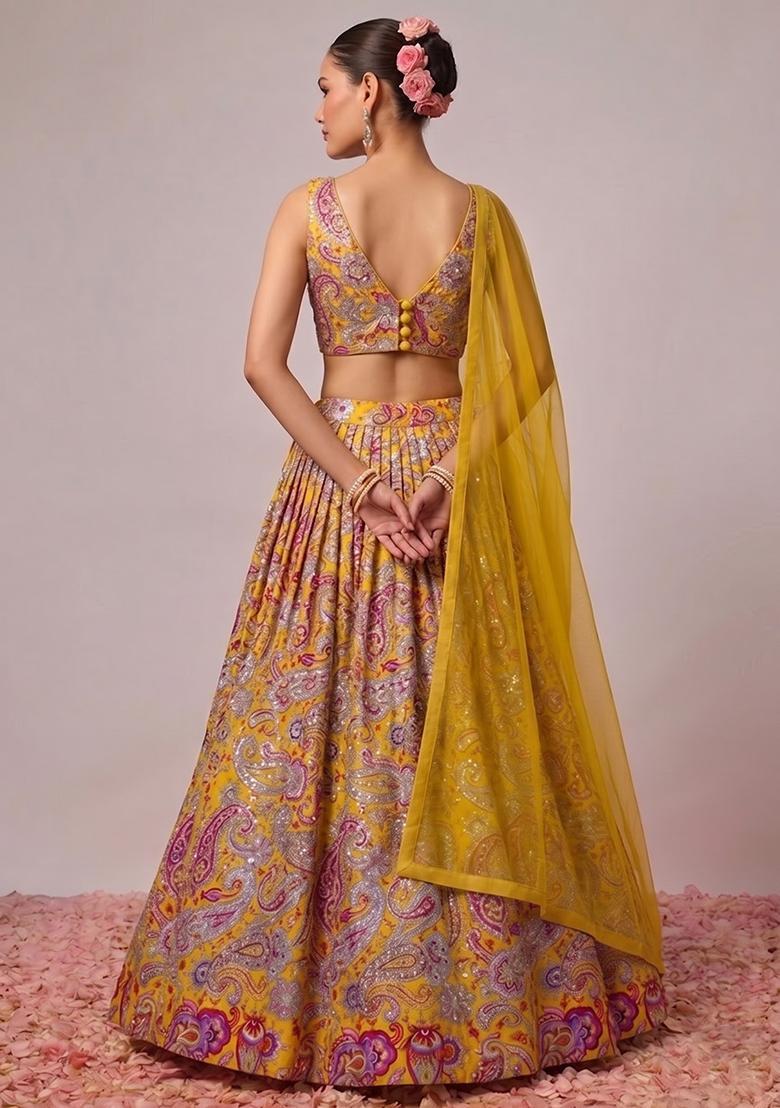 Yellow Printed Crepe Lehenga Set - Indya