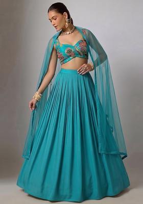 Turquoise Blue Printed Organza Lehenga Set