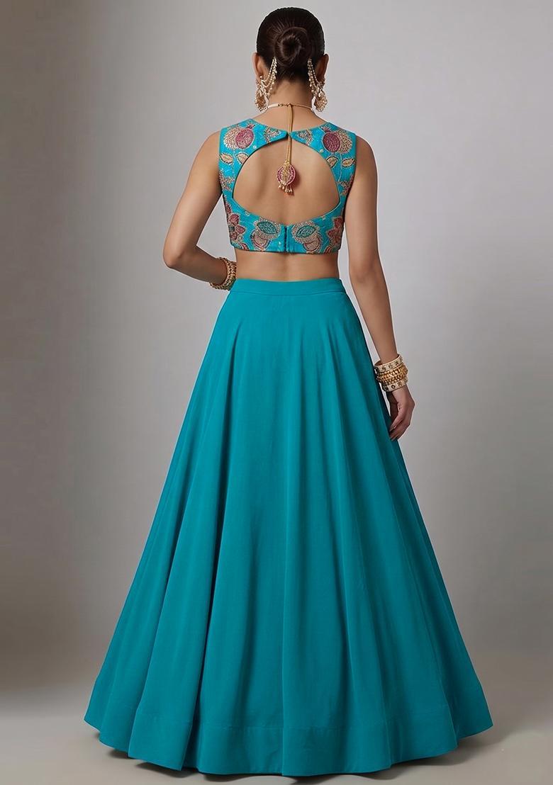 Turquoise Blue Printed Organza Lehenga Set - Indya