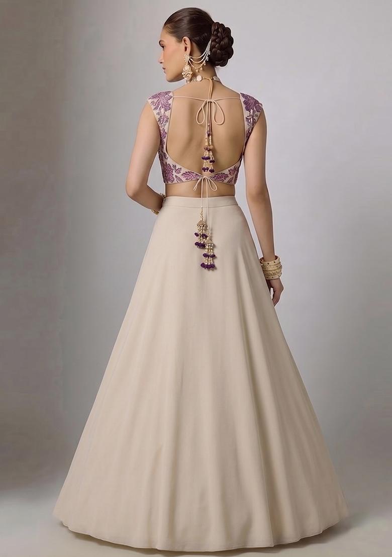 Off-White Printed Organza Lehenga Set - Indya