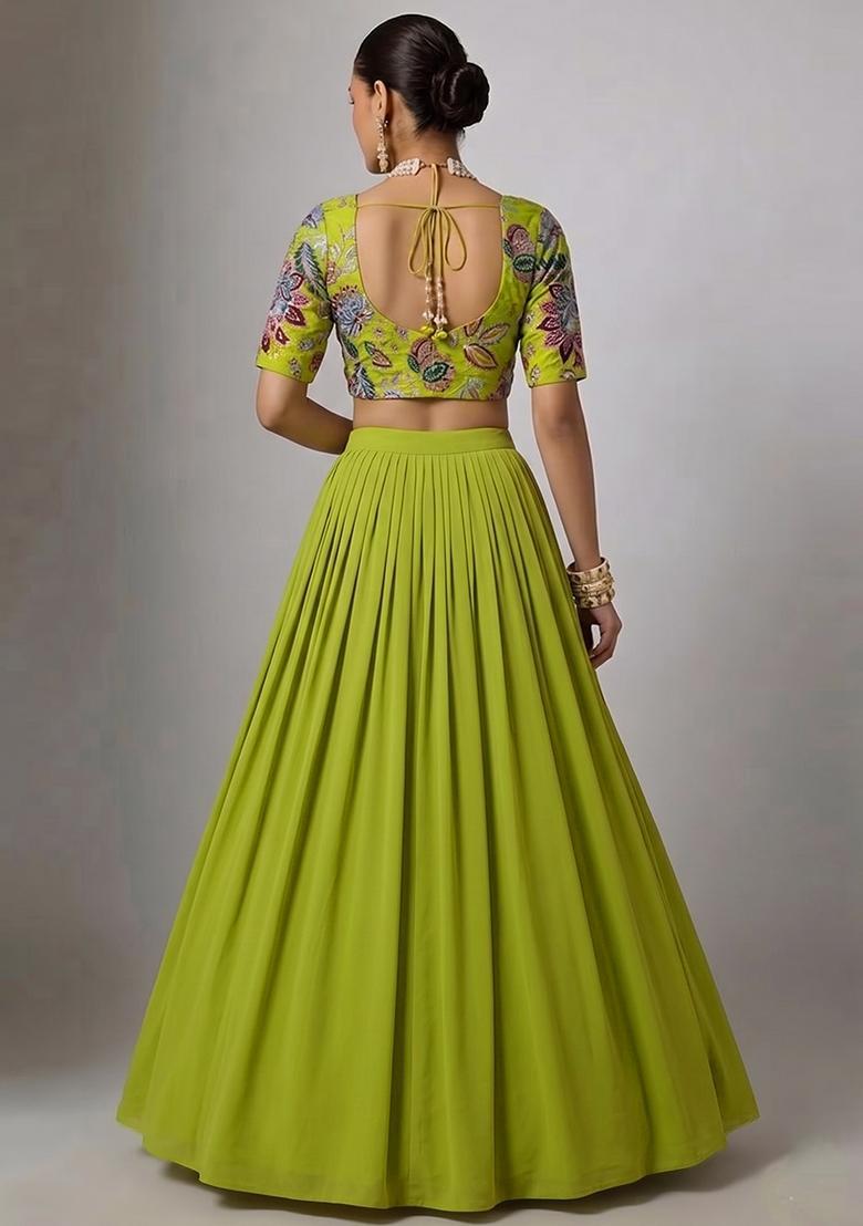 Parrot Green Printed Organza Lehenga Set - Indya