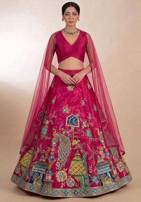 Magenta Pink Printed Crepe Lehenga Set