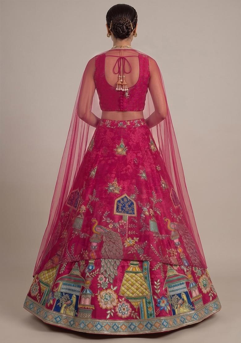 Magenta Pink Printed Crepe Lehenga Set - Indya