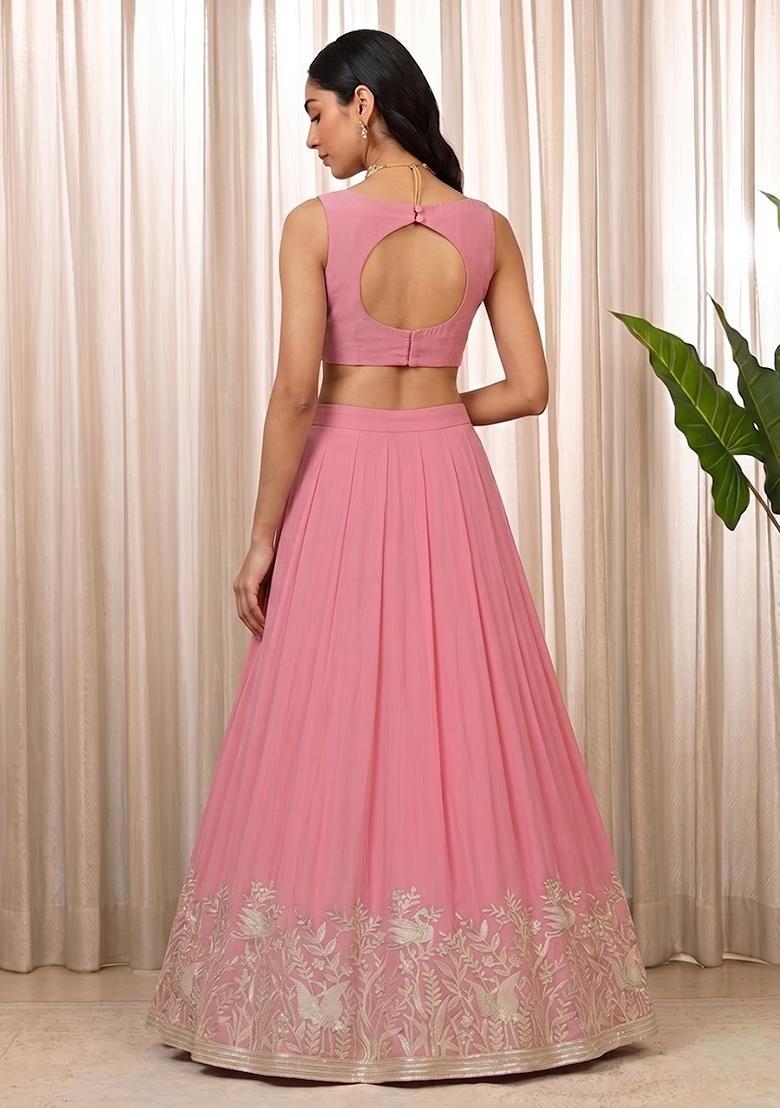 Pink Embroidered Chanderi Lehenga Set - Indya