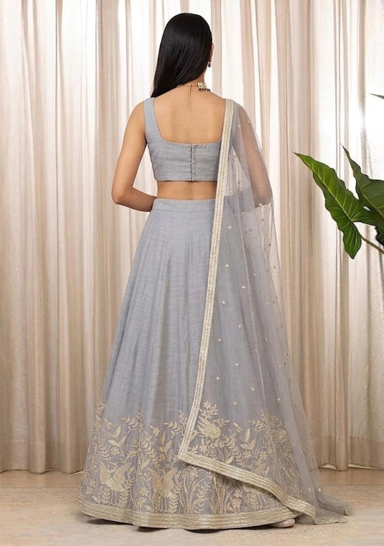 Grey Embroidered Chanderi Lehenga Set - Indya