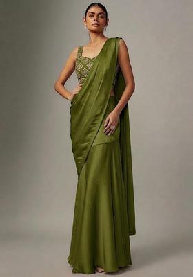 Olive Green Embroidered Crepe Pre Draped Saree Set