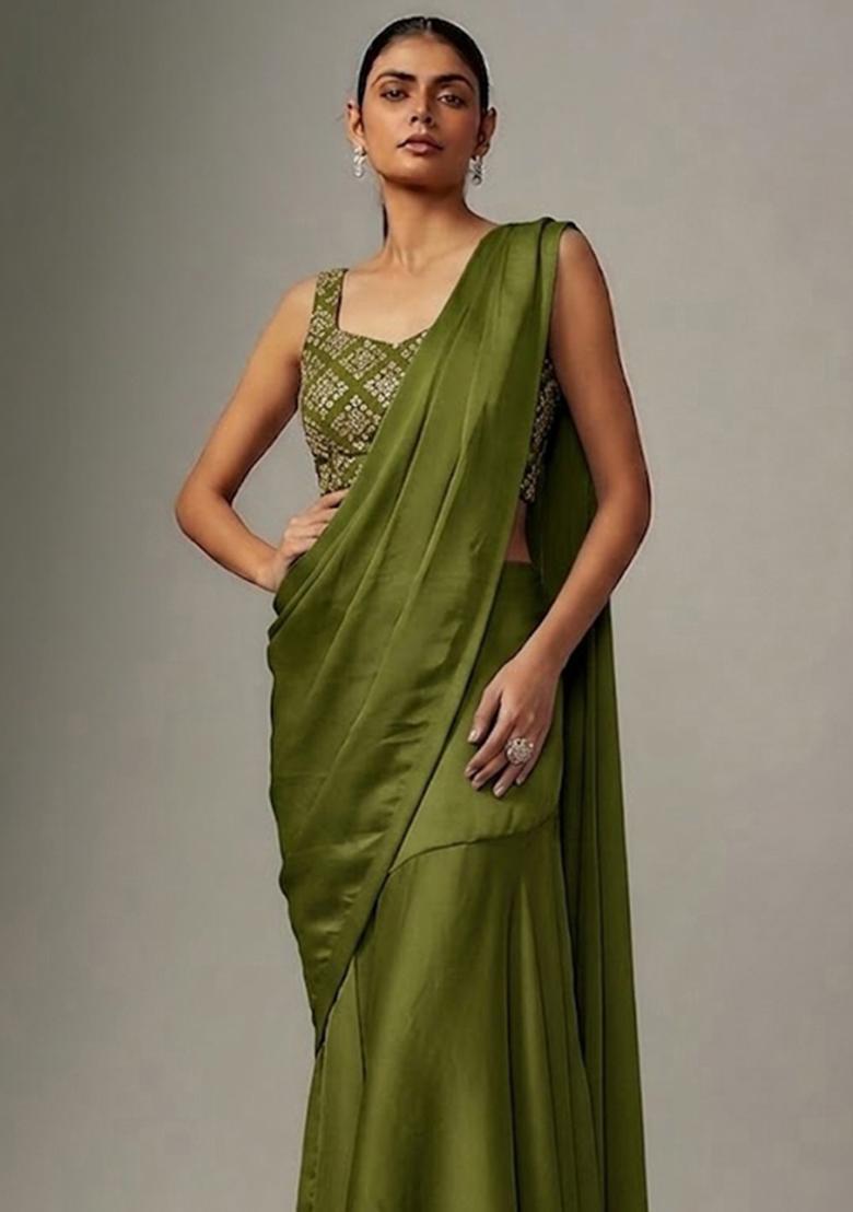 Olive Green Embroidered Crepe Pre Draped Saree Set - Indya