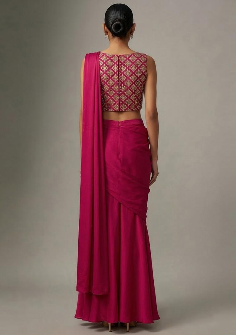 Hot Pink Embroidered Crepe Pre Draped Saree Set - Indya