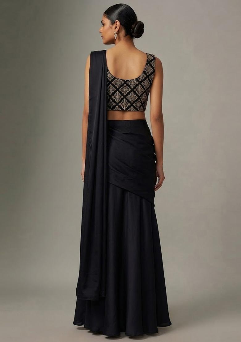 Jet Black Embroidered Crepe Pre Draped Saree Set - Indya