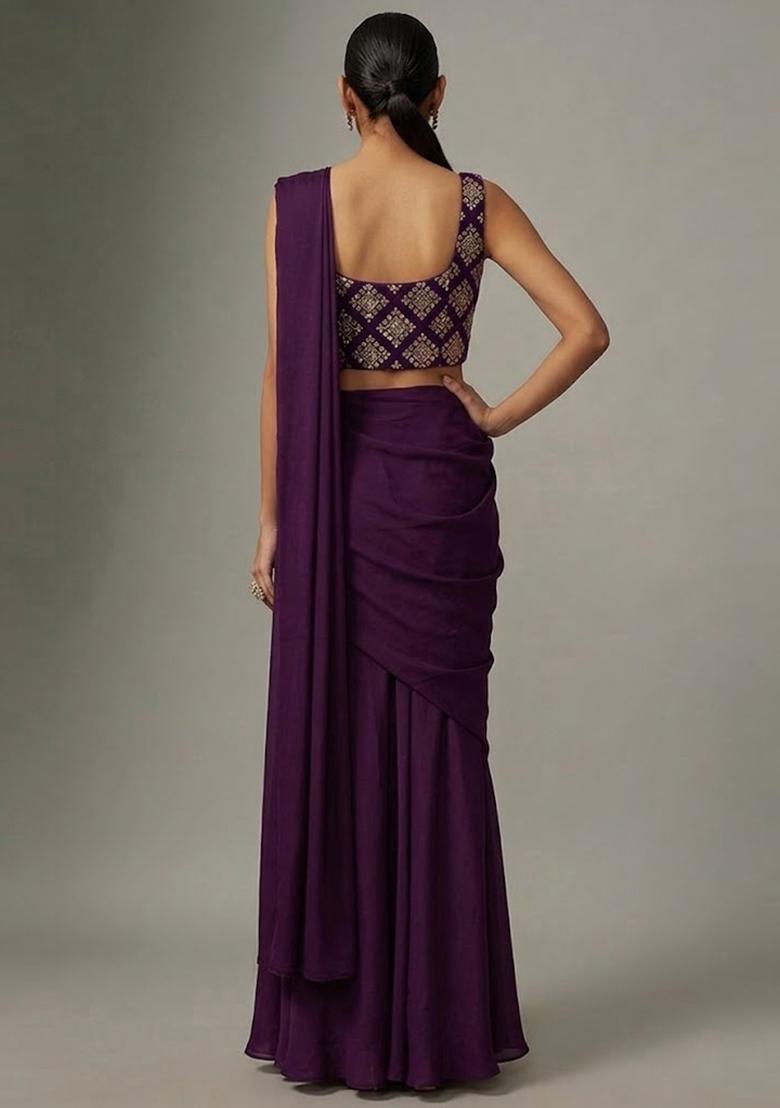 Deep Purple Embroidered Crepe Pre Draped Saree Set - Indya
