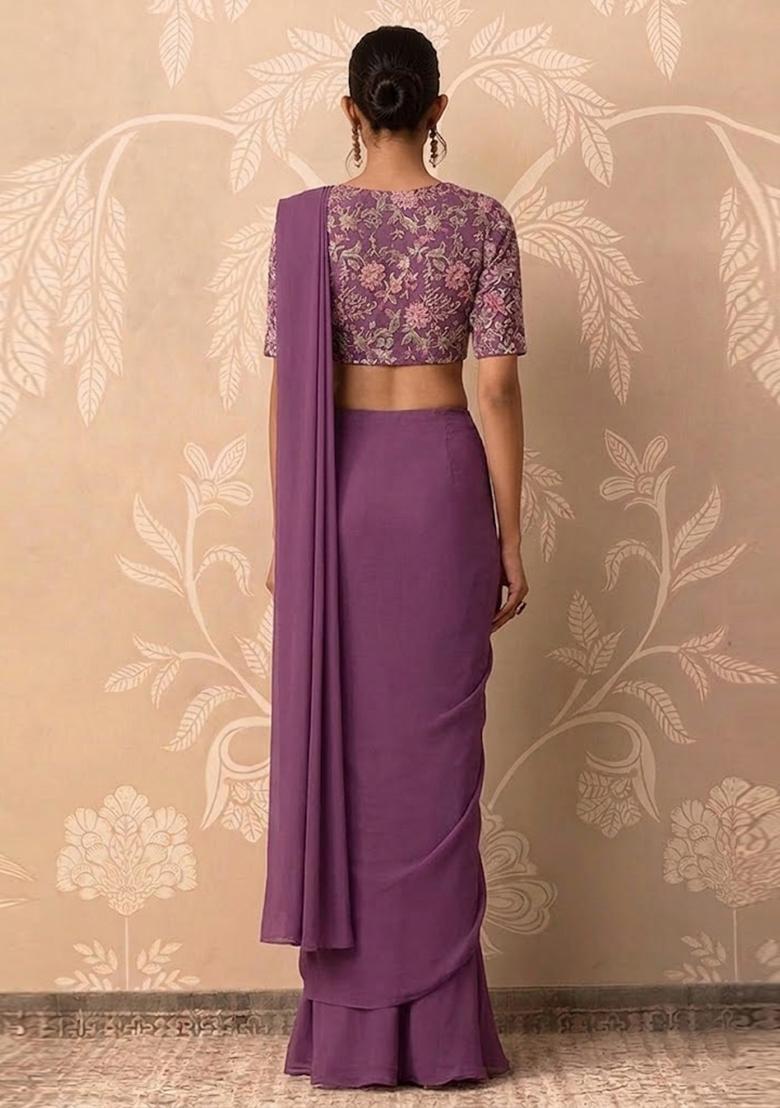 Dusty Mauve Printed Crepe Pre Draped Saree Set - Indya