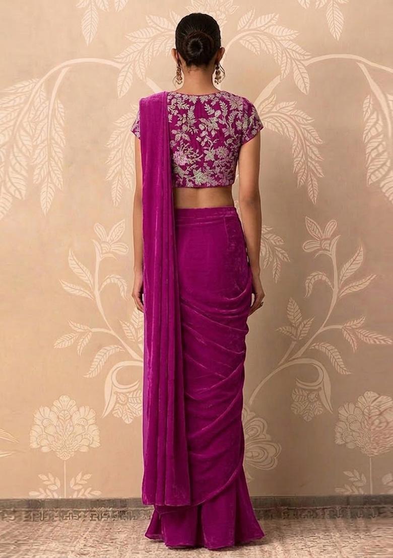 Magenta Pink Printed Crepe Pre Draped Saree Set - Indya