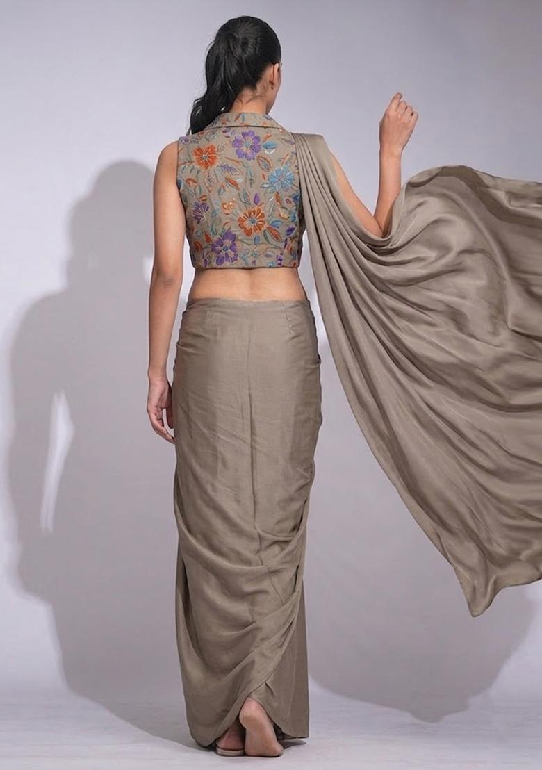 Grey Printed Crepe Pre Draped Saree Set - Indya