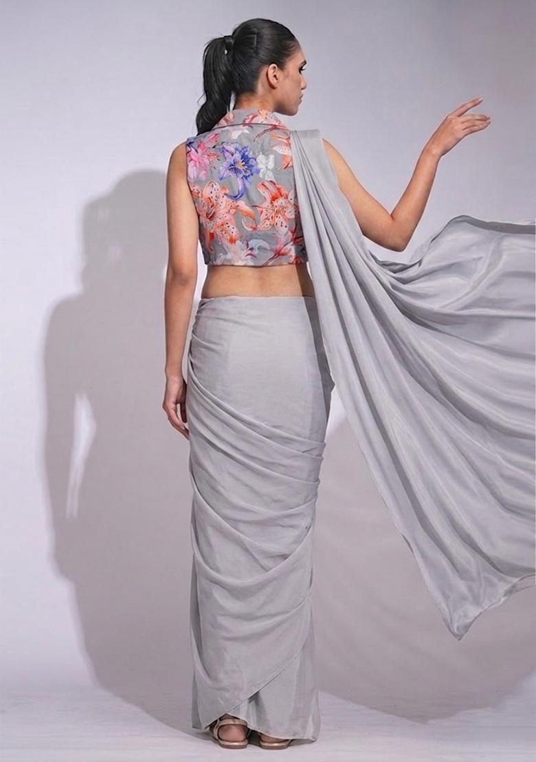 Pearl White Printed Organza Pre Draped Saree Set - Indya