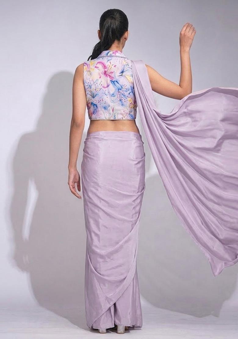 Lilac Printed Organza Pre Draped Saree Set - Indya