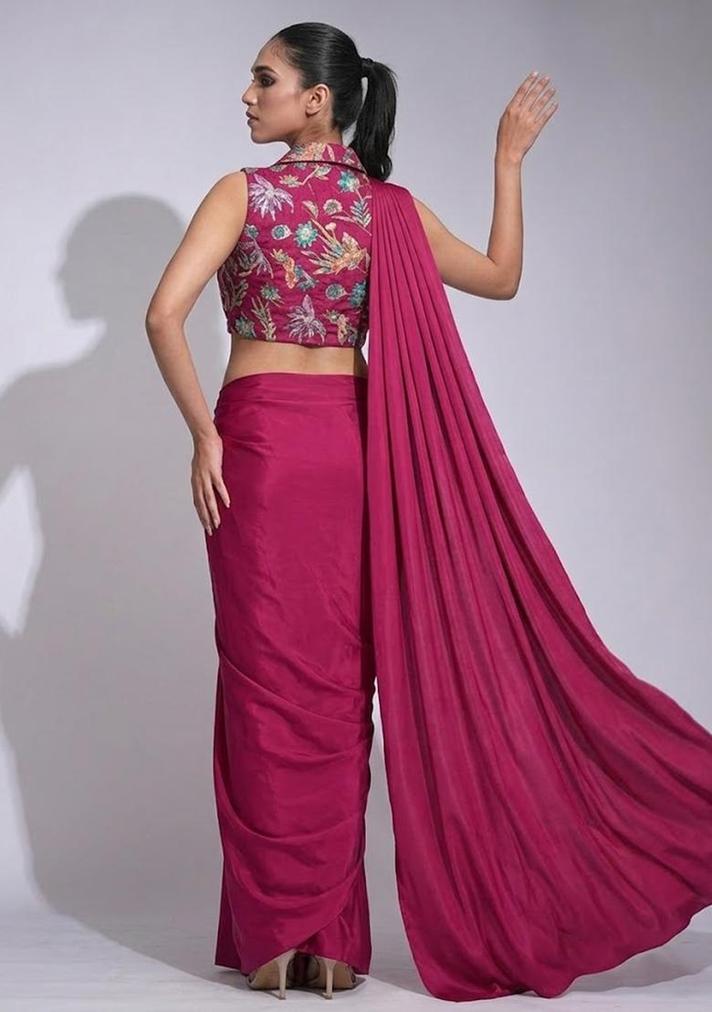 Magenta Pink Printed Crepe Pre Draped Saree Set - Indya